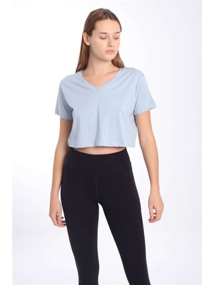 Maraton Regular Kadın V Yaka  Mavi Crop Top