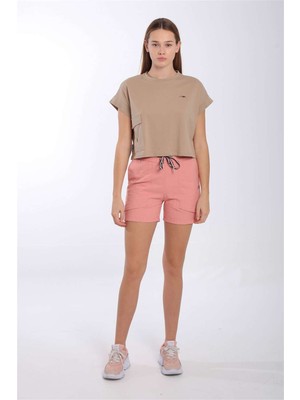 Maraton Comfort Kadın Bisiklet Yaka  Açık Vizon Crop Top