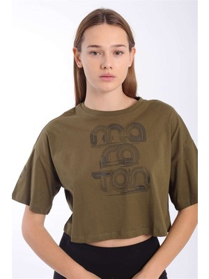 Maraton Comfort Kadın Bisiklet Yaka  Zeytin Crop Top