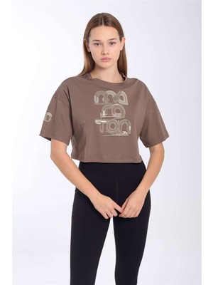 Maraton Comfort Kadın Bisiklet Yaka  Kakao Crop Top