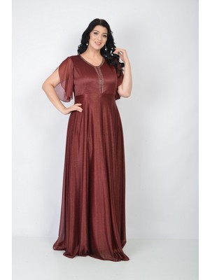 Lilas Xxl Büyük Beden Bordo Renkli Simli Uzun Elbise