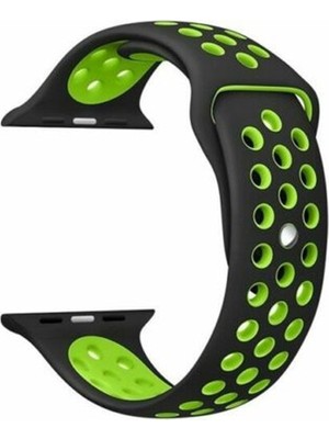 Markacase Apple Watch Series (Tüm Seriler) 42-44-45 mm Uyumlu Delikli Silikon Kordon Siyah Yeşil (L)