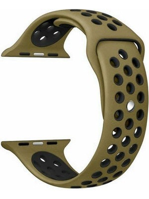 Markacase Apple Watch Series (Tüm Seriler) 38-40-41 mm Uyumlu Delikli Silikon Kordon Yeşil Siyah Olive Flak (S)