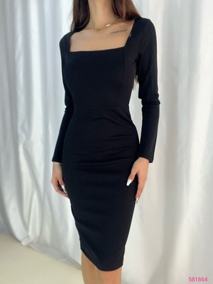 Sym Kadın Siyah U Yaka Arka Küçük Yırtmaç Detaylı Midi Elbise