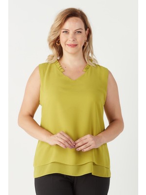 Moda Berray 3241 Yaka Fırfırlı Kolsuz Büyük Beden  Şık Bluz Yağ Yeşili