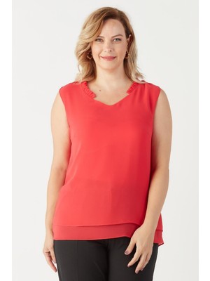 Moda Berray 3241 Yaka Fırfırlı Kolsuzbüyük Beden Şık Bluz Nar Çiçeği