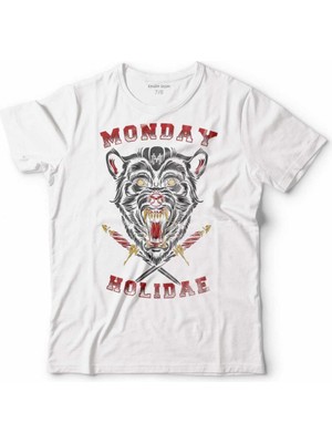 Kendim Seçtim Monday Holıdae Vahşi Kurt Kafa Wolf Holıday Çocuk Tişört Beyaz