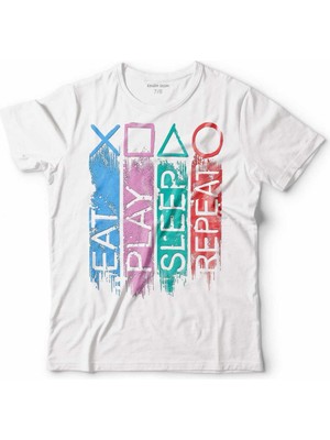 Kendim Seçtim Eat Play Sleep Repeat Play Statıon Oyun Konsolu Çocuk Tişört Beyaz