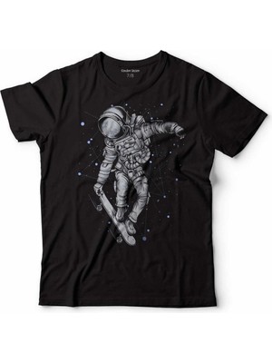 Kendim Seçtim Uzayda Kaykay Astronot Ay Nasa Uzay Cosmos Çocuk Tişört Siyah