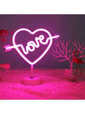 Asloka Buffer® Kalpli Love Yazılı Dekoratif Neon Pilli LED Masa ve Gece Lambası