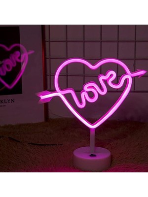 Asloka Buffer® Kalpli Love Yazılı Dekoratif Neon Pilli LED Masa ve Gece Lambası