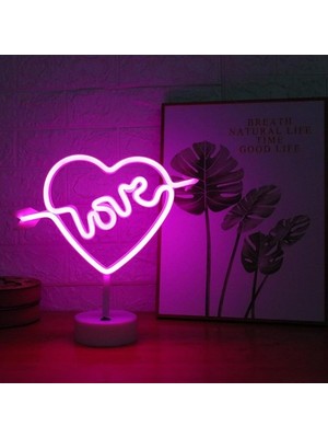 Asloka Buffer® Kalpli Love Yazılı Dekoratif Neon Pilli LED Masa ve Gece Lambası