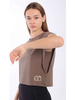Maraton Regular Kadın Bisiklet Yaka  Kakao Crop Top