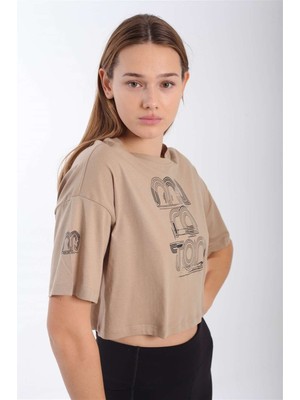 Maraton Comfort Kadın Bisiklet Yaka  Açık Vizon Crop Top