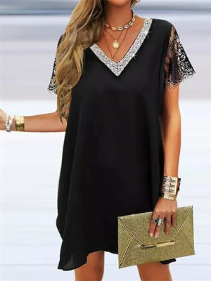 Beaute Store Kadın Siyah Kolları Dantelli V Yakalı Kısa Sandy Elbise