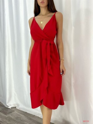 Beaute Store Kadın Kırmızı Beli Kuşaklı Kruvaze Midiboy Elbise