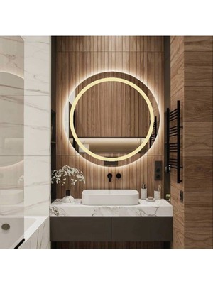 Dnr-Mirror90 cm Günışığı Ledli Kumlamalı Yuvarlak Banyo Aynası Tuvalet Aynası