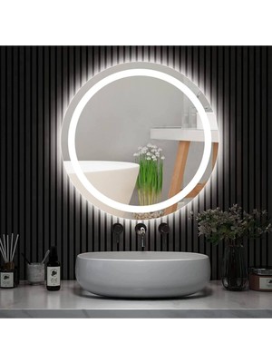 DNR 75 cm Beyaz Ledli Kumlamalı Yuvarlak Banyo Aynası Tuvalet Aynası