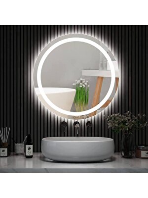 DNR 70 cm Beyaz Ledli Kumlamalı Yuvarlak Banyo Aynası Tuvalet Aynası