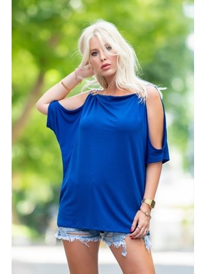 Beaute Store Kadın Saks Mavi Omuzları Açık V Yakalı Sandy Bluz