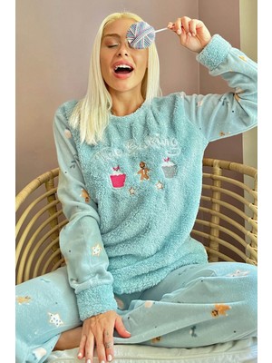 Pijama Evi Mint Yeşili Baking Desenli Kadın Peluş Pijama Takımı