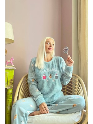 Pijama Evi Mint Yeşili Baking Desenli Kadın Peluş Pijama Takımı