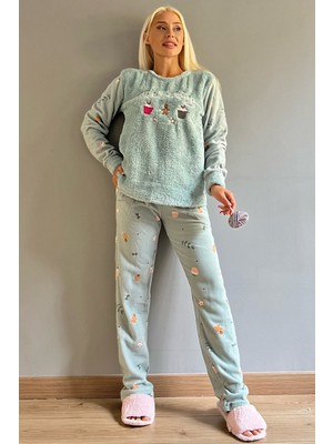 Pijama Evi Mint Yeşili Baking Desenli Kadın Peluş Pijama Takımı