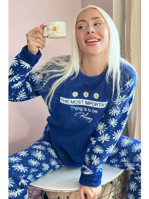 Pijama Evi Lacivert Most Thing Desenli Kadın Peluş Pijama Takımı