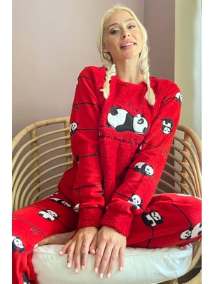 Pijama Evi Kırmızı Zzz Wake Desenli Kadın Peluş Pijama Takımı