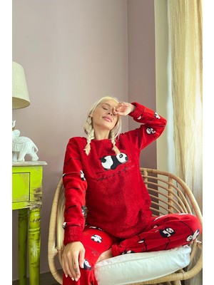 Pijama Evi Kırmızı Zzz Wake Desenli Kadın Peluş Pijama Takımı