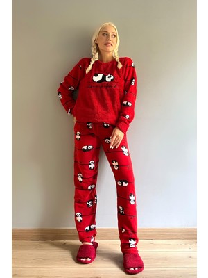 Pijama Evi Kırmızı Zzz Wake Desenli Kadın Peluş Pijama Takımı