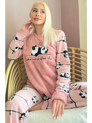 Pijama Evi Pembe Zzz Wake Desenli Kadın Peluş Pijama Takımı