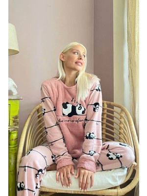 Pijama Evi Pembe Zzz Wake Desenli Kadın Peluş Pijama Takımı