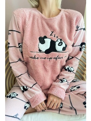 Pijama Evi Pembe Zzz Wake Desenli Kadın Peluş Pijama Takımı