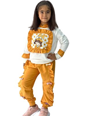 Riccotarz Kız Çocuk Ördek Baskılı Fırfır Detaylı Kapuşonlu Sarı  Eşofman Takım