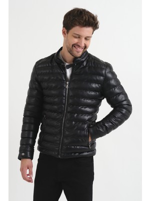 NorthFashion Erkek Siyah Slim Fit İçi Kürklü Iç Cepli Şişme Deri Mont