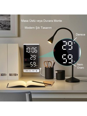Upway 6 Inç Dijital Aynalı LED Ekran Masa Saati Alarm Sıcaklık Nem USB