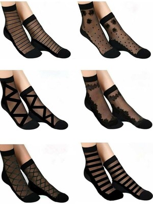 Meguca Socks Kadın Desenli Siyah Tül Çorap 12 Çift