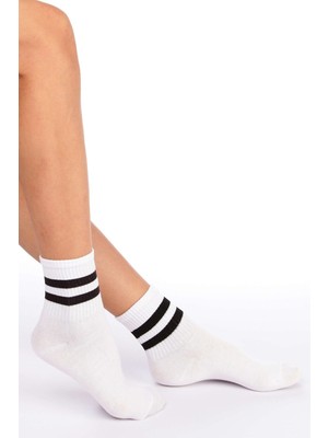 Meguca Socks Unisex Siyah Çizgili Beyaz Pamuklu Kolej Çorap Seti 5 Çift