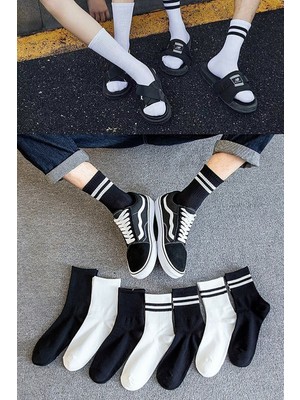 Meguca Socks Unisex Siyah Beyaz Çizgili ve Düz Spor Kolej Çorap Seti 7 Çift