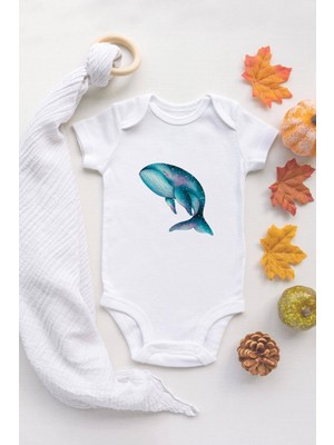 Tuğba Baby Tuğba Baby Beyaz Bebek Balina Baskılı Çıtçıtlı Body