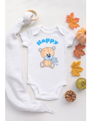 Tuğba Baby Sevimli Mutlu Ayıcık Happy  Baskılı Pamuklu Zıbın