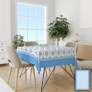 Pusula Home Mavi Bordürlü Geometri Desenli Kolay Temizlenebilir Leke Tutmaz Dertsiz Masa Örtüsü