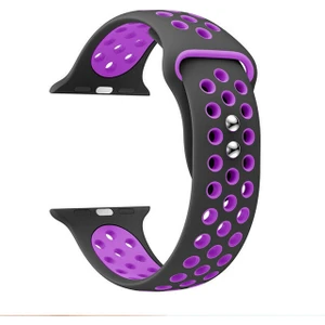 Apple Watch Series (Tüm Seriler) 42-44-45 mm Uyumlu Delikli Silikon Kordon Siyah Mor (L)