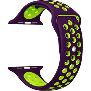 Apple Watch Series (Tüm Seriler) 42-44-45 mm Uyumlu Delikli Silikon Kordon Mor Yeşil (L)