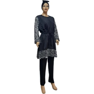 Kadın Giyim  Hasema Siyah-Beyaz Leopar Fırfırlı Tam Kapalı Tesettür Mayo Bone Dahil