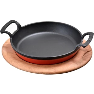 Döküm Yuvarlak Kulplu Tava ve Ahşap Altlıklı. Çap(Ø) 16CM. - Kırmızı