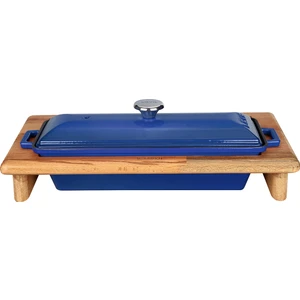 Döküm Ekmek Kabı / Terrine ve Ahşap Standı. Ölçü 11X29CM. - Mavi