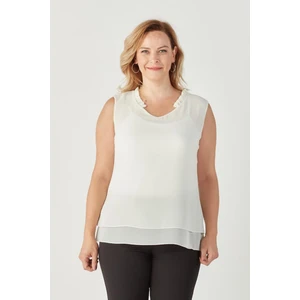 Moda Berray 3241 Yaka Fırfırlı Kolsuz Büyük Beden Şık Bluz Beyaz