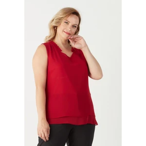 Moda Berray 3241 Yaka Fırfırlı Kolsuz Büyük Beden Şık Bluz Kırmızı